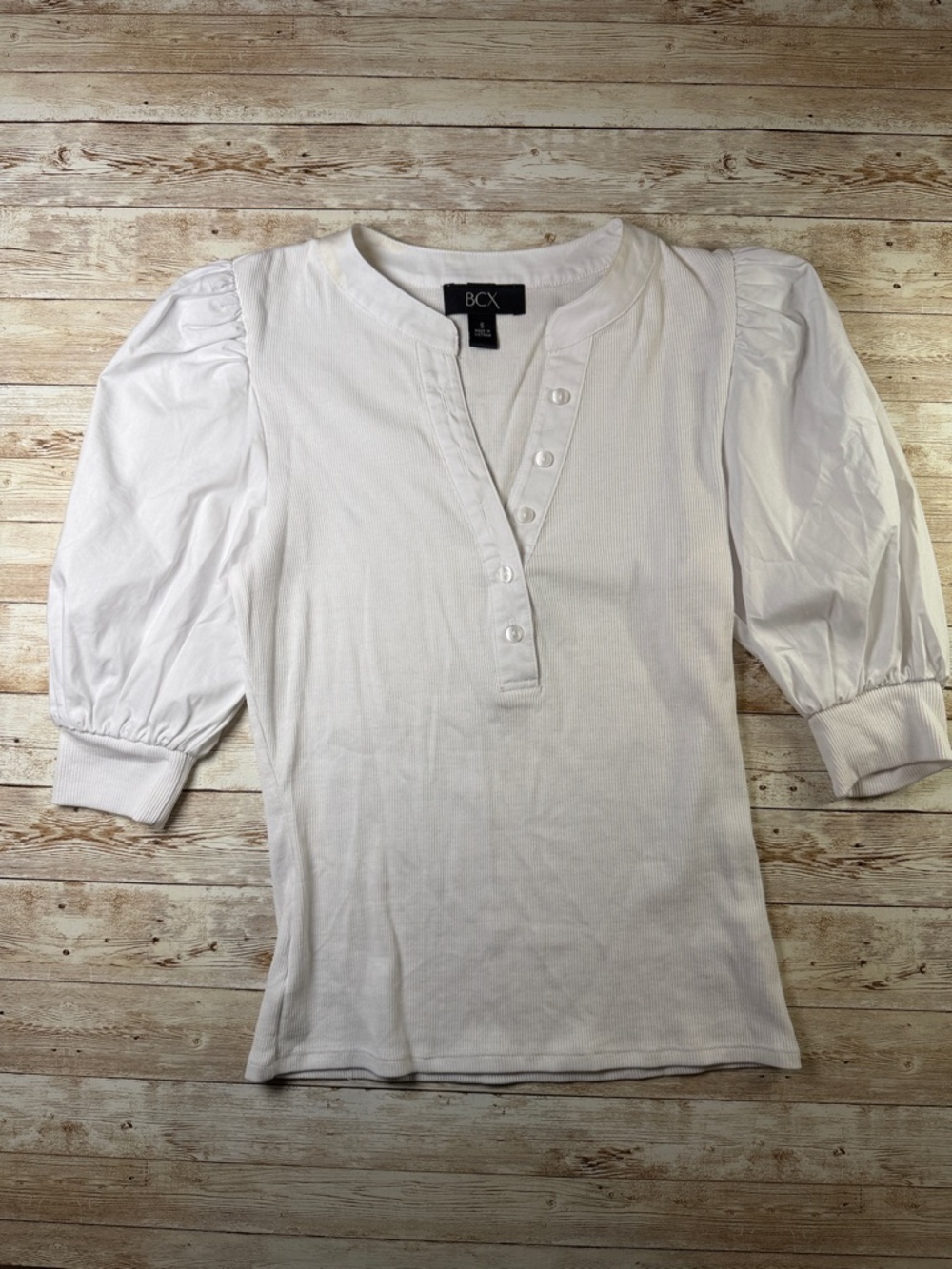 BCX White Puff Sleeve Button-Front Henley Top
